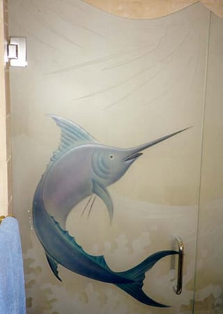 Shower Enclosure with a Frosted Glass Marlin Oceanic Design for Semi-Private by Sans Soucie Art Glass