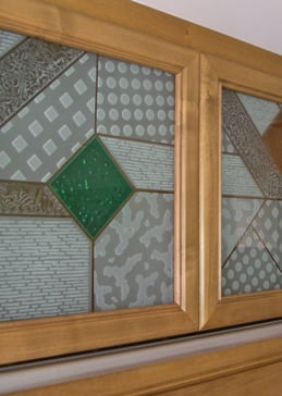 Handcrafted Etched Glass Cabinet Glass by Sans Soucie Art Glass with Custom Geometric Design Called Matrix Creating Semi-Private