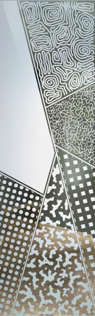 Interior Glass Insert showcasing a Frosted Glass Geometric Design with Sandblast Etched Glass Art by Sans Soucie Matrix Angles Design