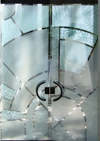 All Glass Front Door with a Frosted Glass Matrix Arcs Geometric Design for Semi-Private by Sans Soucie Art Glass