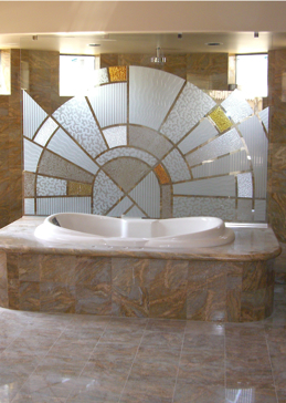 Shower Panel with a Frosted Glass Matrix Arcs Geometric Design for Not Private by Sans Soucie Art Glass