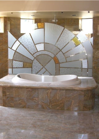 Shower Partition with a Frosted Glass Matrix Arcs Geometric Design for Semi-Private by Sans Soucie Art Glass