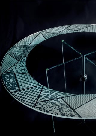 Glass Dining Table featuring Frosted Glass Design Etched Glass by Sans Soucie Art Glass with Custom Geometric Design Matrix