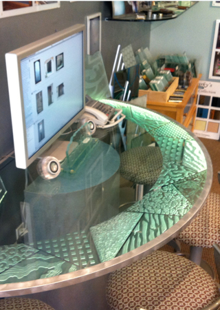 Glass Counter featuring Frosted Glass Design Etched Glass by Sans Soucie Art Glass with Custom Geometric Design Matrix