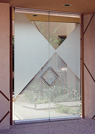 All Glass Gate featuring a Frosted Glass Abstract Design Sandblast Etched Glass Monochrome Design by Sans Soucie