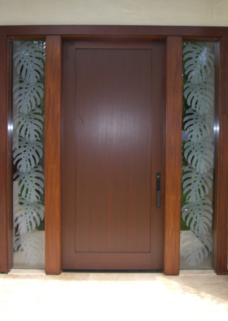 Window featuring a Frosted Glass Foliage Design Sandblast Etched Glass Monsterra Leaves Design by Sans Soucie