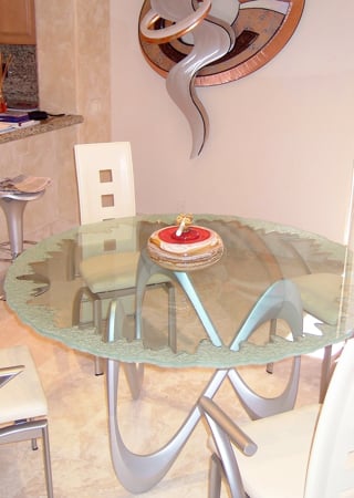 Glass Dining Table with a Frosted Glass Moonscape Edge Abstract Design for Not Private by Sans Soucie Art Glass