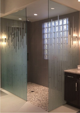 Handcrafted Etched Glass Shower Enclosure by Sans Soucie Art Glass with Custom Geometric Design Called Mosaics Creating Semi-Private
