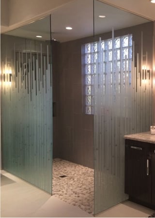 Shower Enclosure featuring Frosted Glass Design Etched Glass by Sans Soucie Art Glass with Custom Geometric Design Mosaics