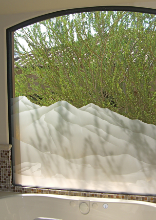 Window featuring a Frosted Glass Desert Design Sandblast Etched Glass Mountains Design by Sans Soucie
