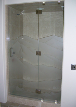 Handmade Sandblasted Frosted Glass Shower Enclosure for Semi-Private Featuring a Landscapes Design Mountains by Sans Soucie