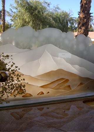 Partition featuring a Frosted Glass Desert Design Sandblast Etched Glass Mountains Design by Sans Soucie