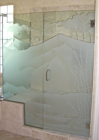 Shower Enclosure with a sandblast Frosted Glass Desert Design Custom-Designed Decorative Etched Glass