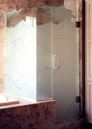 Shower Enclosure featuring a Frosted Glass Desert Design Sandblast Etched Glass Mountains Design by Sans Soucie