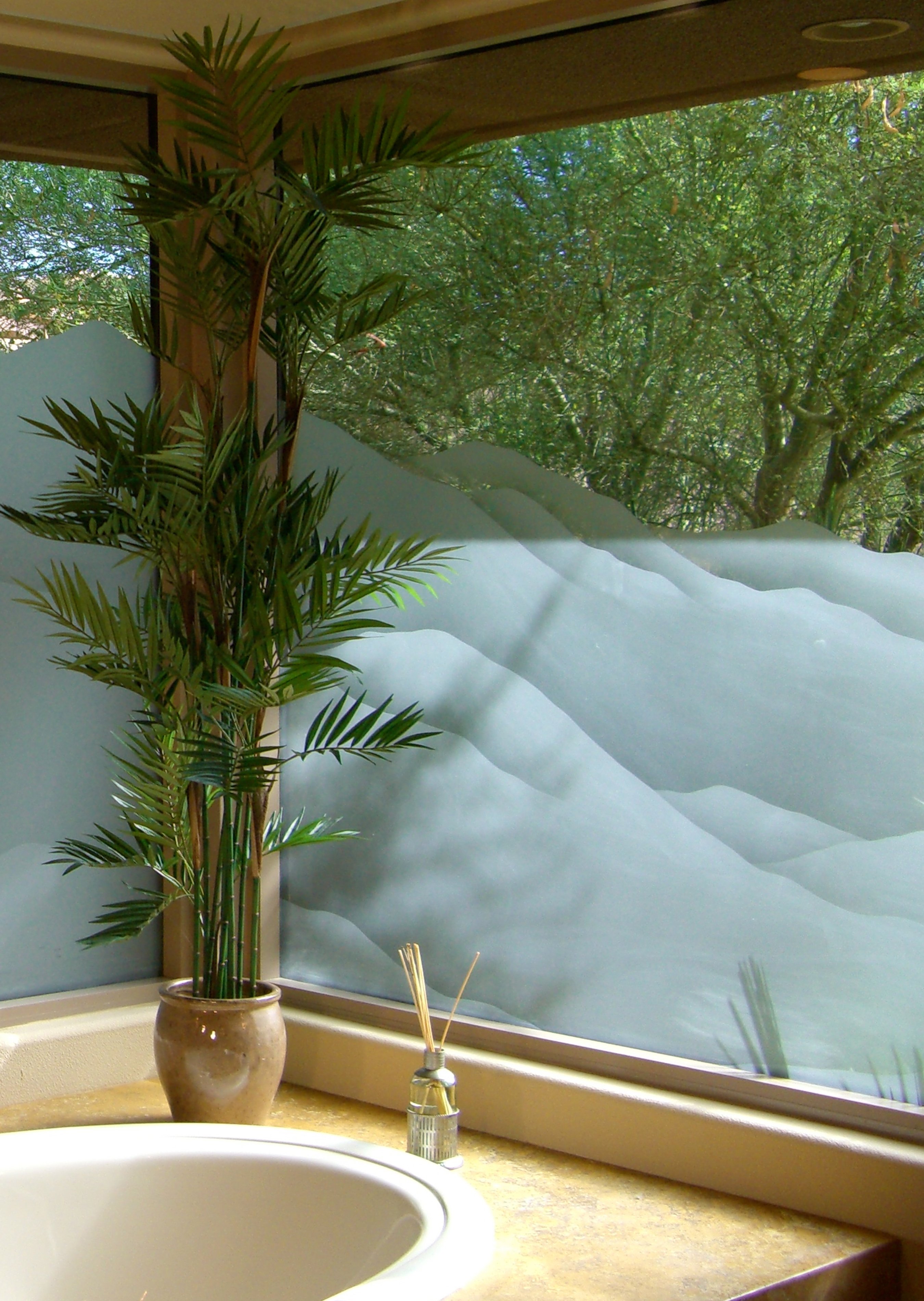 frosted glass window mountains desisgn