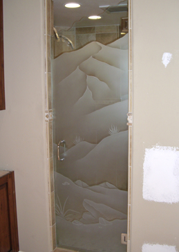 Shower Door with Frosted Glass Landscapes Mountains Foliage Design by Sans Soucie
