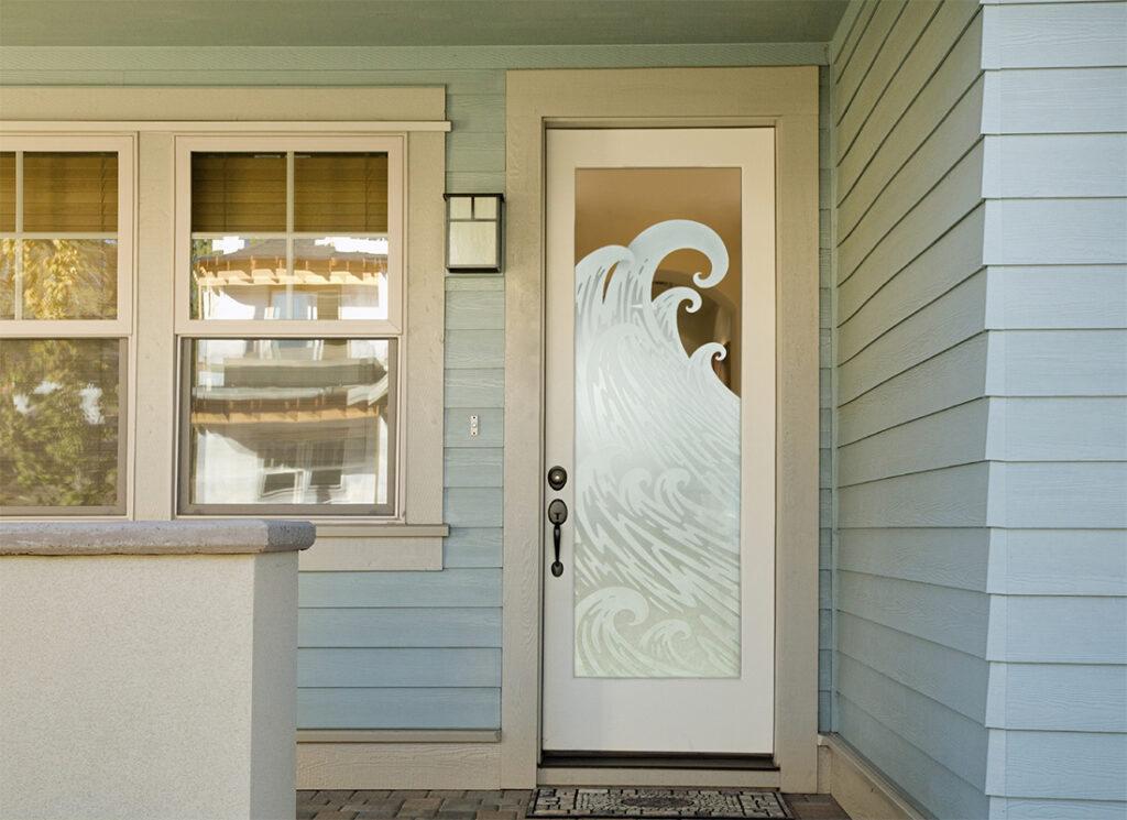 Coastal-inspired frosted glass door with wave design, serene door art idea.
