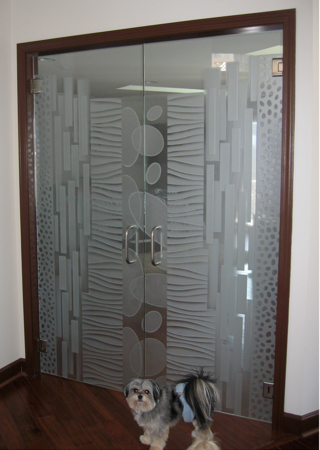 Interior Glass Door featuring a Frosted Glass Patterns Design Sandblast Etched Glass Nokes Pattern Design by Sans Soucie
