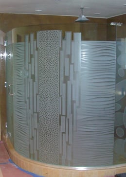 Handmade Sandblasted Frosted Glass Shower Enclosure for Semi-Private Featuring a Patterns Design Nokes Pattern by Sans Soucie