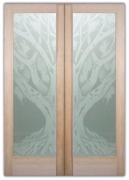 Private Interior Door with Sandblast Etched Glass Art by Sans Soucie Featuring Oak Tree II Trees Design