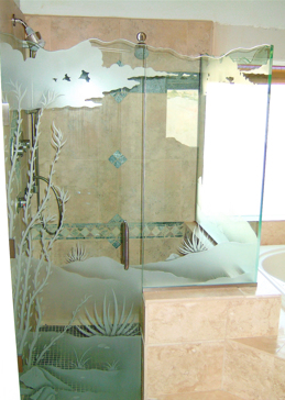 Semi-Private Shower Enclosure with Sandblast Etched Glass Art by Sans Soucie Featuring Ocotillo Desert Design
