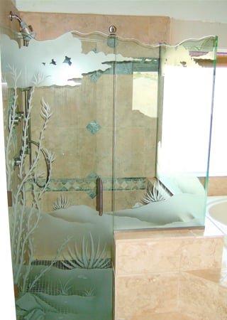 Shower Enclosure showcasing a Frosted Glass Desert Design with Sandblast Etched Glass Art by Sans Soucie Ocotillo Design