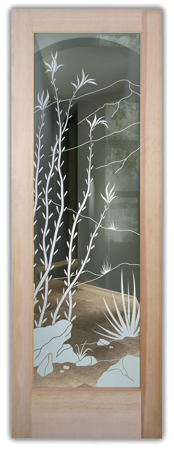 Front Door showcasing a Frosted Glass Desert Design with Sandblast Etched Glass Art by Sans Soucie Ocotillo Design