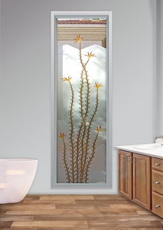 Window featuring a Frosted Glass Desert Design Sandblast Etched Glass Ocotillo Centered Design by Sans Soucie