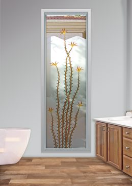 Handmade Sandblasted Frosted Glass Window for Not Private Featuring a Desert Design Ocotillo Centered by Sans Soucie