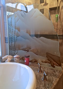 Semi-Private Shower Panel with Sandblast Etched Glass Art by Sans Soucie Featuring Ocotillo Desert Design