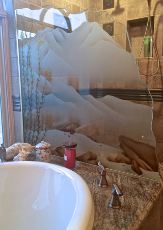 Shower Partition showcasing a Frosted Glass Desert Design with Sandblast Etched Glass Art by Sans Soucie Ocotillo Design