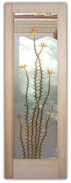 Handmade Sandblasted Frosted Glass Interior Door for Not Private Featuring a Desert Design Ocotillo Centered by Sans Soucie