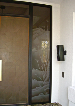Semi-Private Window with Sandblast Etched Glass Art by Sans Soucie Featuring Ocotillo Desert Design