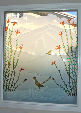 Art Glass Window Featuring Sandblast Frosted Glass by Sans Soucie for Not Private with Desert Ocotillo Roadrunner II Design