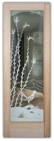 Front Door showcasing a Frosted Glass Desert Design with Sandblast Etched Glass Art by Sans Soucie Ocotillo Roadrunner Design
