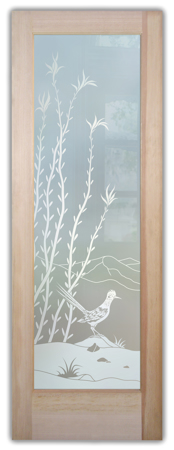 Bathroom Door showcasing a Frosted Glass Desert Design with Sandblast Etched Glass Art by Sans Soucie Ocotillo Roadrunner Design