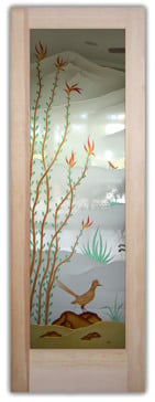 Not Private Front Door with Sandblast Etched Glass Art by Sans Soucie Featuring Ocotillo Roadrunner Desert Design
