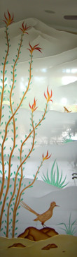 Not Private Interior Insert with Sandblast Etched Glass Art by Sans Soucie Featuring Ocotillo Roadrunner Desert Design
