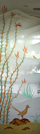 Interior Glass Insert showcasing a Frosted Glass Desert Design with Sandblast Etched Glass Art by Sans Soucie Ocotillo Roadrunner Design