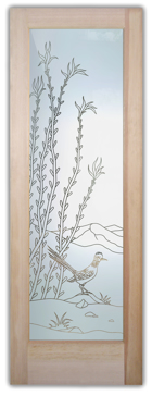 Semi-Private Front Door with Sandblast Etched Glass Art by Sans Soucie Featuring Ocotillo Roadrunner Desert Design