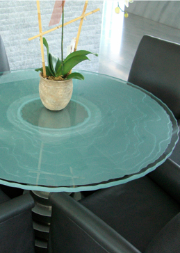 Handcrafted Etched Glass Dining Table by Sans Soucie Art Glass with Custom Abstract Design Called Onde Lineari Creating Semi-Private