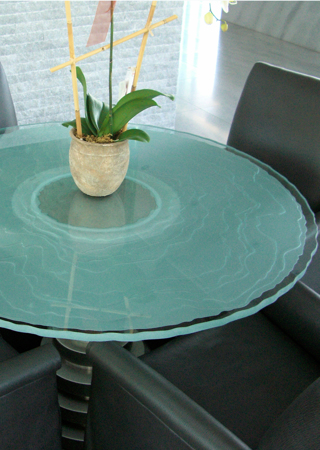 Glass Dining Table featuring Frosted Glass Design Etched Glass by Sans Soucie Art Glass with Custom Abstract Design Onde Lineari
