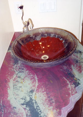 Glass Counter featuring a Frosted Glass Abstract Design Sandblast Etched Glass Opulent Reds Glass  Design by Sans Soucie