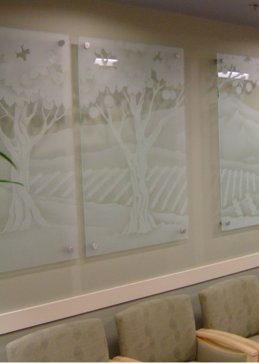 Glass Wall Art with a Frosted Glass Kaiser Hospital Orchard  Landscapes Design for Semi-Private by Sans Soucie Art Glass