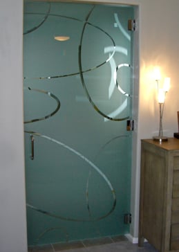 Handcrafted Etched Glass Interior Glass Door by Sans Soucie Art Glass with Custom Geometric Design Called Ovals Overlap Creating Semi-Private