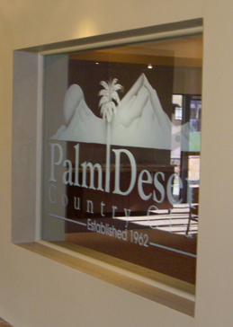 Art Glass Window Featuring Sandblast Frosted Glass by Sans Soucie for Semi-Private with Logos Palm Desert CC (similar look) Design
