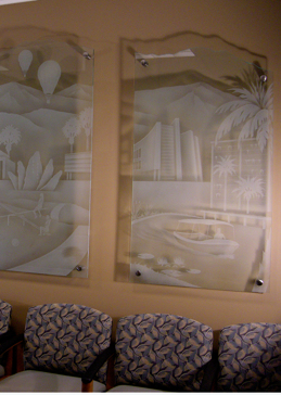Custom-Designed Decorative Glass Wall Art with Sandblast Etched Glass by Sans Soucie Art Glass Handcrafted by Glass Artists