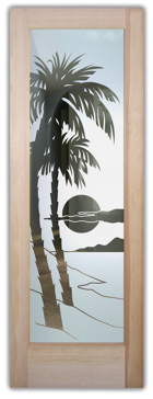 Handcrafted Etched Glass Interior Door by Sans Soucie Art Glass with Custom Palm Trees Design Called Palm Sunset Creating Semi-Private