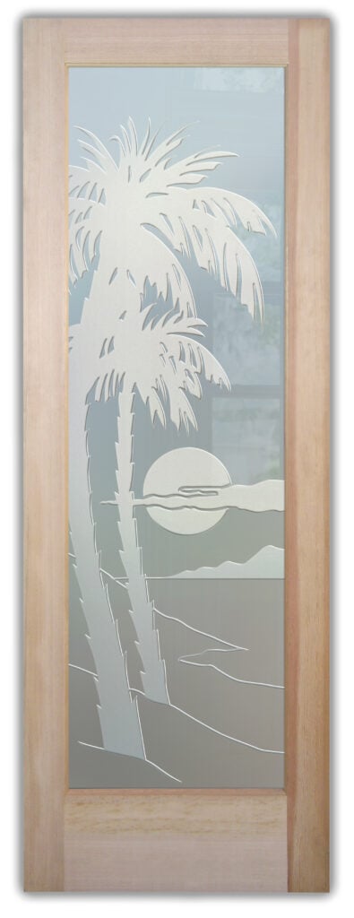 Palm Sunset Private 3D Frosted Glass Finish Beach Decor Glass Interior Doors Sans Soucie