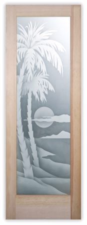 Interior Door featuring Frosted Glass Design Etched Glass by Sans Soucie Art Glass with Custom Palm Trees Design Palm Sunset